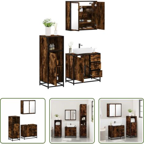 vidaXL Muebles de baño con espejo -  Set de muebles baño 3 pzas madera contrachapada roble ahumado