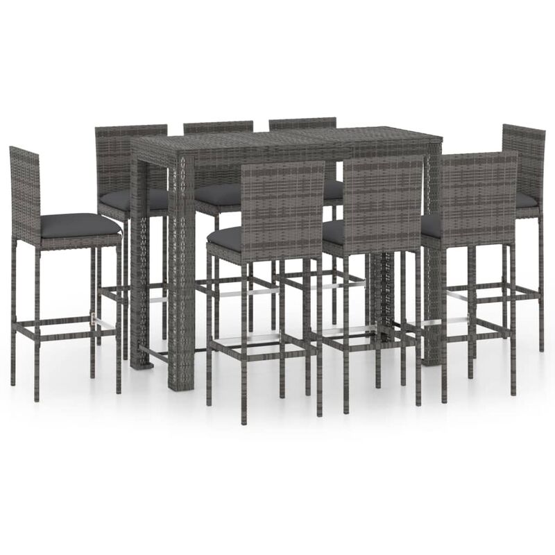 

Muebles de bar de jardín 9 pzas ratán PE y cojines antracita - Gris - Vidaxl