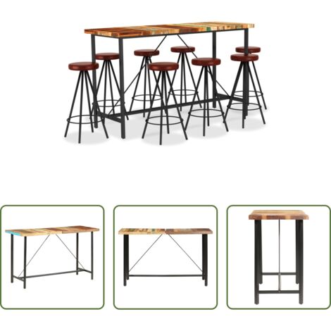 vidaXL Muebles de bar -  Set muebles de bar 9 piezas madera reciclada y cuero auténtico