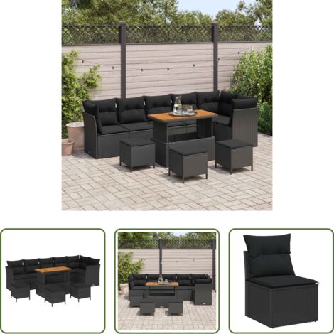 vidaXL Muebles de exterior -  Conjunto de sofá de jardín con cojín 10 pcs Negro