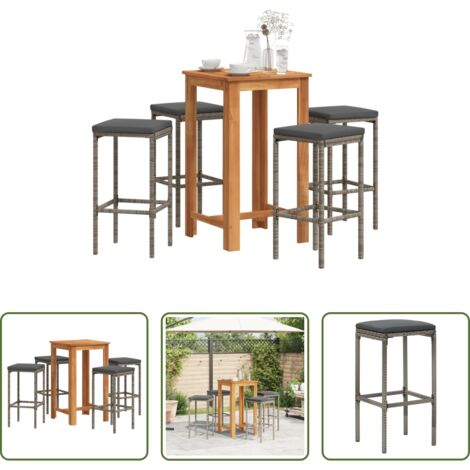 vidaXL Muebles de exterior -  Mesa y taburetes de jardín 5 pzas madera acacia ratán PE gris