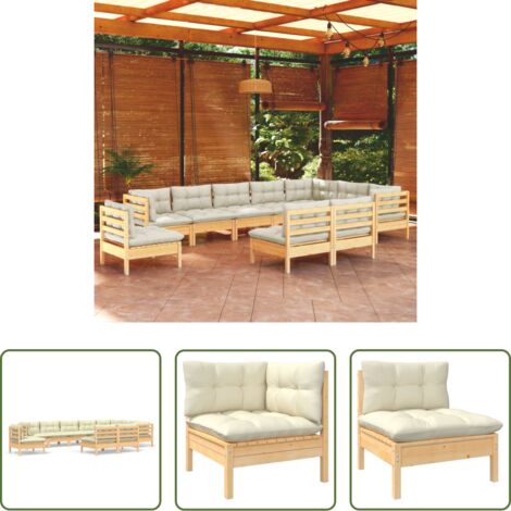 vidaXL Muebles de exterior -  Muebles de jardín 10 pzas y cojines madera maciza de pino crema