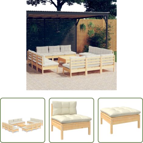 vidaXL Muebles de exterior -  Muebles de jardín 13 piezas cojines madera de pino color crema