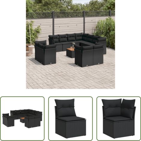 vidaXL Muebles de exterior -  Set de sofás de jardín 12 piezas cojines ratán sintético negro