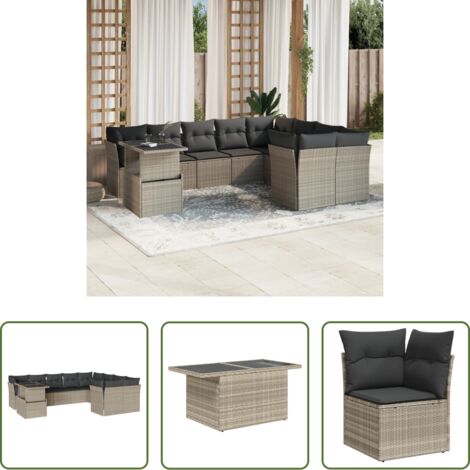 vidaXL Muebles de exterior -  Set sofás jardín 10 pzas con cojines ratán sintético gris claro