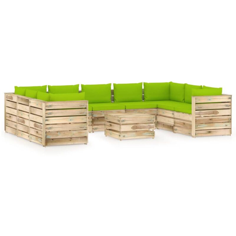 

vidaXL Muebles de jardín 10 piezas con cojines madera impregnada verde - Verde