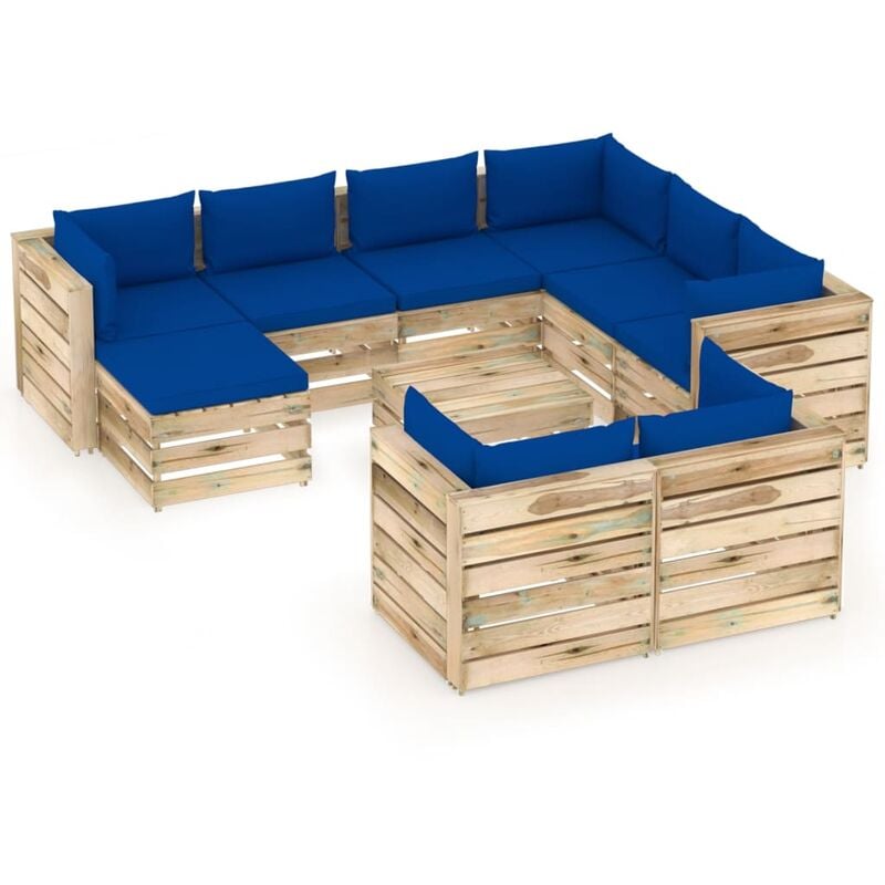 

Muebles de jardín 10 piezas con cojines madera impregnada verde - Azul - Vidaxl