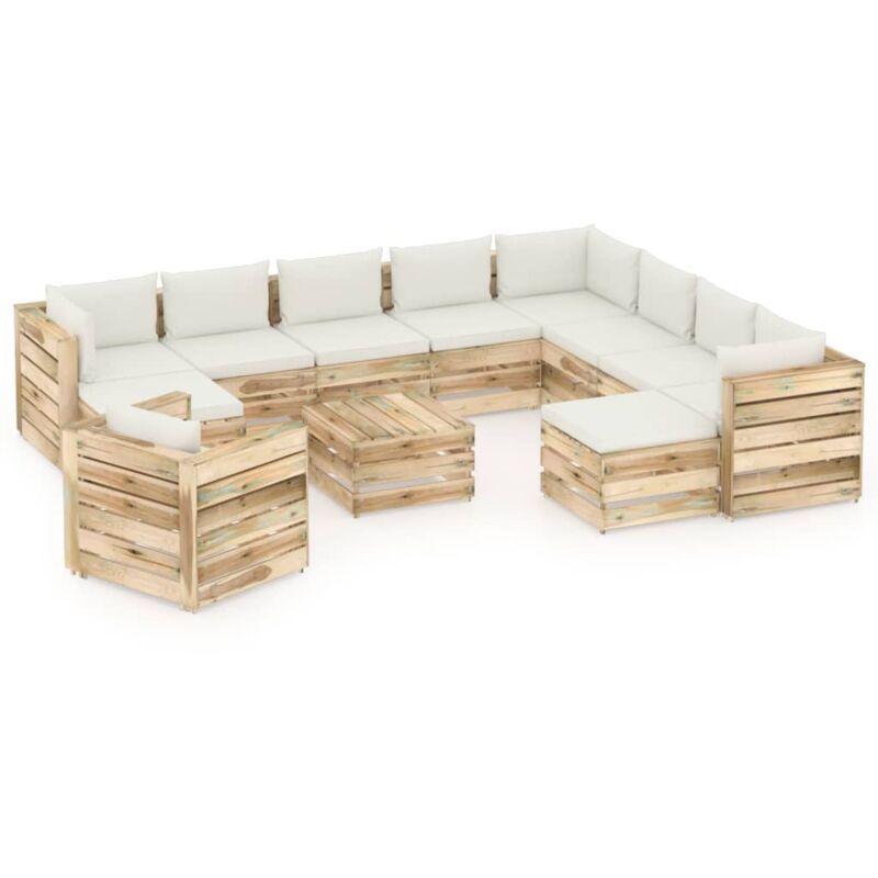 

Muebles de jardín 12 piezas con cojines madera impregnada verde - Crema - Vidaxl
