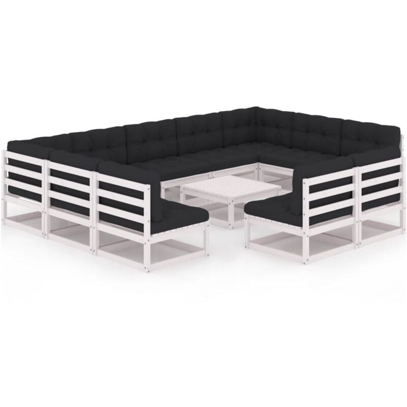 

vidaXL Muebles de jardín 12 pzas y cojines blanco madera maciza pino - Blanco