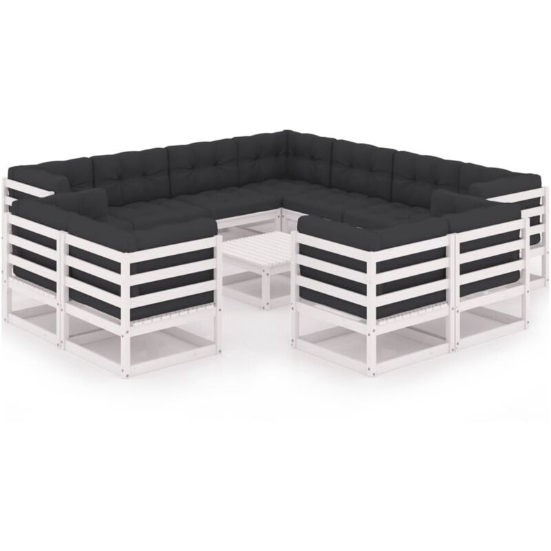 

vidaXL Muebles de jardín 12 pzas y cojines blanco madera maciza pino - Blanco