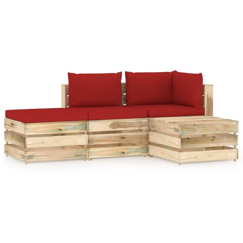 

vidaXL Muebles de jardín 4 piezas con cojines madera impregnada verde - Rojo