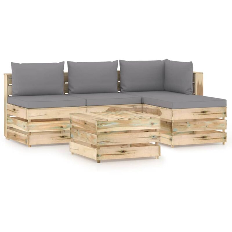 

vidaXL Muebles de jardín 5 piezas con cojines madera impregnada verde - Gris