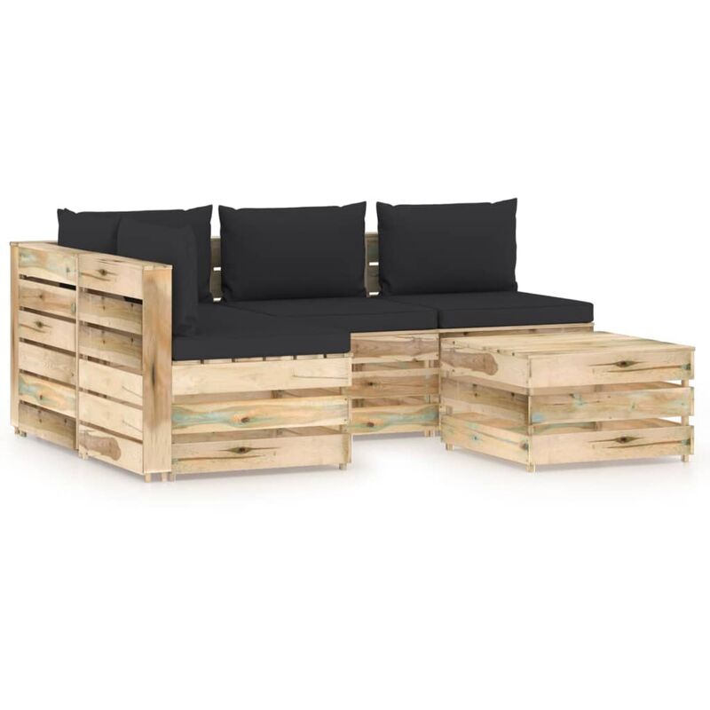 

vidaXL Muebles de jardín 5 piezas con cojines madera impregnada verde - Negro