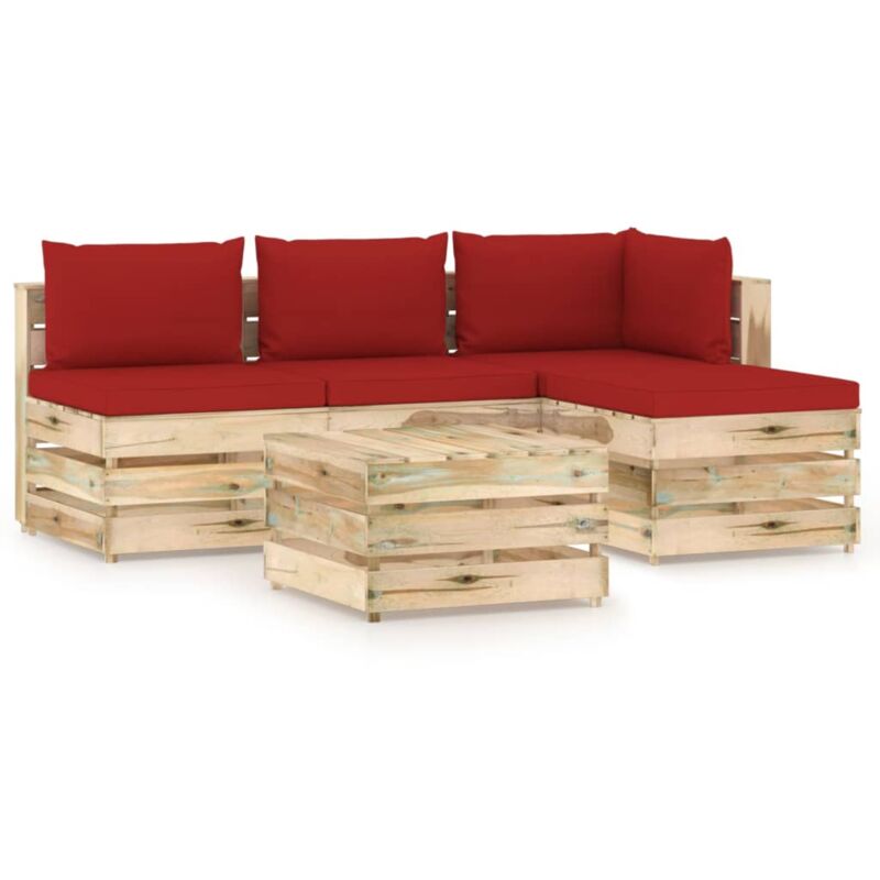 

vidaXL Muebles de jardín 5 piezas con cojines madera impregnada verde - Rojo