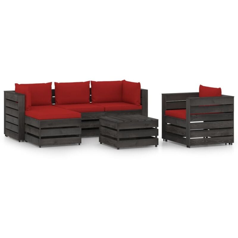 

Muebles de jardín 6 piezas con cojines madera impregnada gris - Rojo - Vidaxl