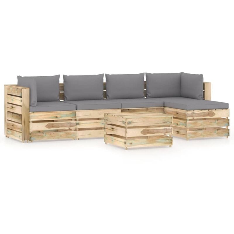 

vidaXL Muebles de jardín 6 piezas con cojines madera impregnada verde - Gris