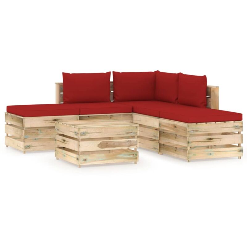 

vidaXL Muebles de jardín 6 piezas con cojines madera impregnada verde - Rojo