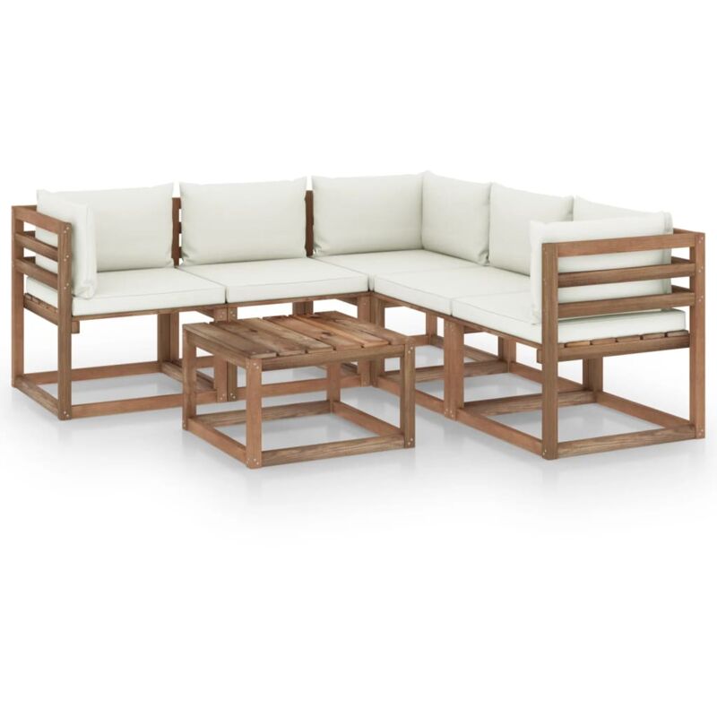 

vidaXL Muebles de jardín 6 pzas cojín crema madera de pino impregnada - Marrón
