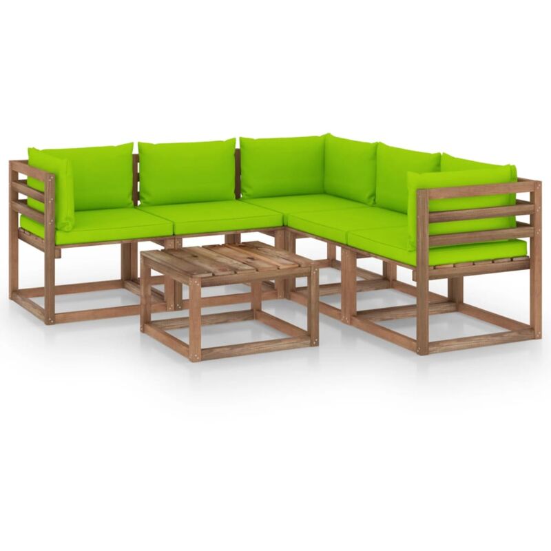 

vidaXL Muebles de jardín 6 pzas cojín verde brillante pino impregnado - Marrón