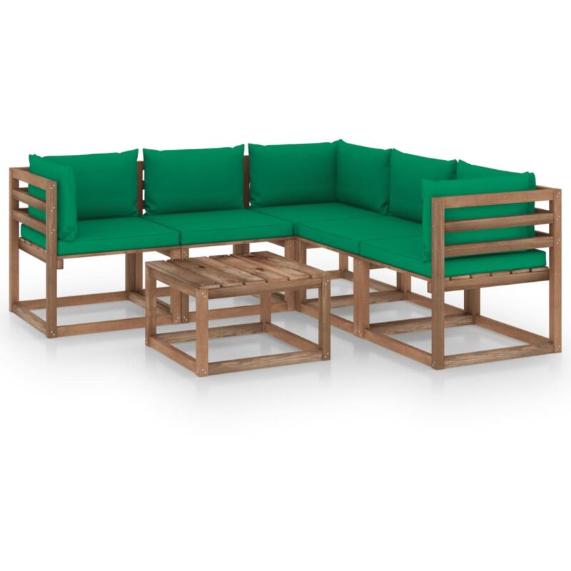 

vidaXL Muebles de jardín 6 pzas cojín verde madera de pino impregnada - Marrón