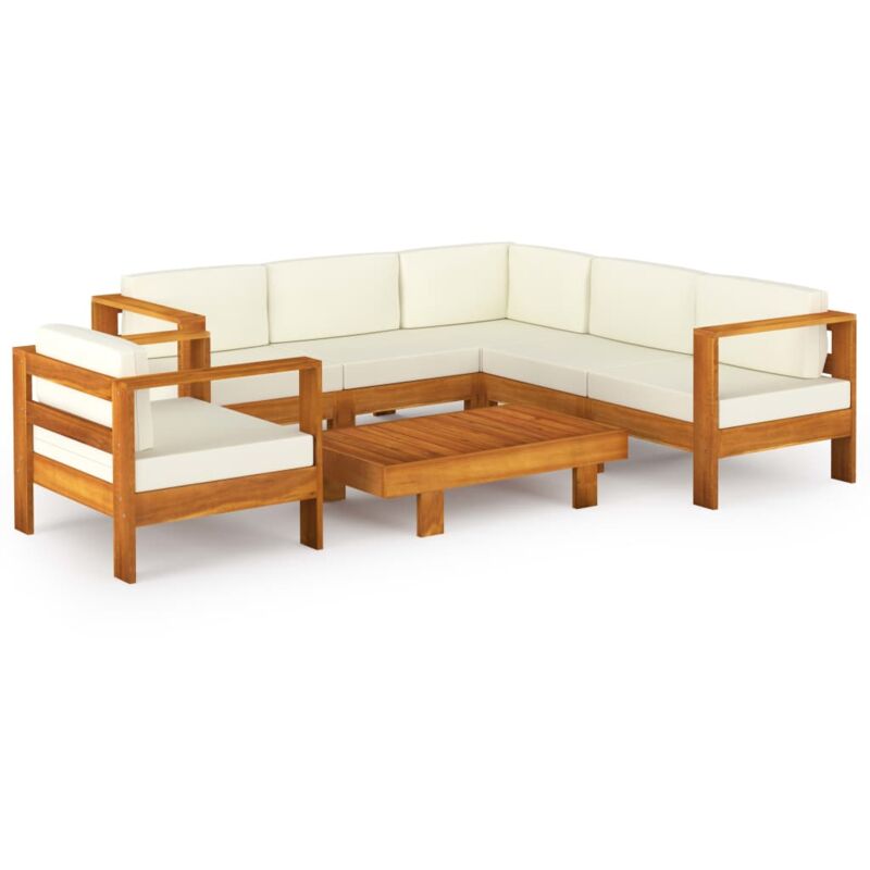 

Muebles de jardín 7 pzas cojines blanco crema madera de acacia - Marrón - Vidaxl