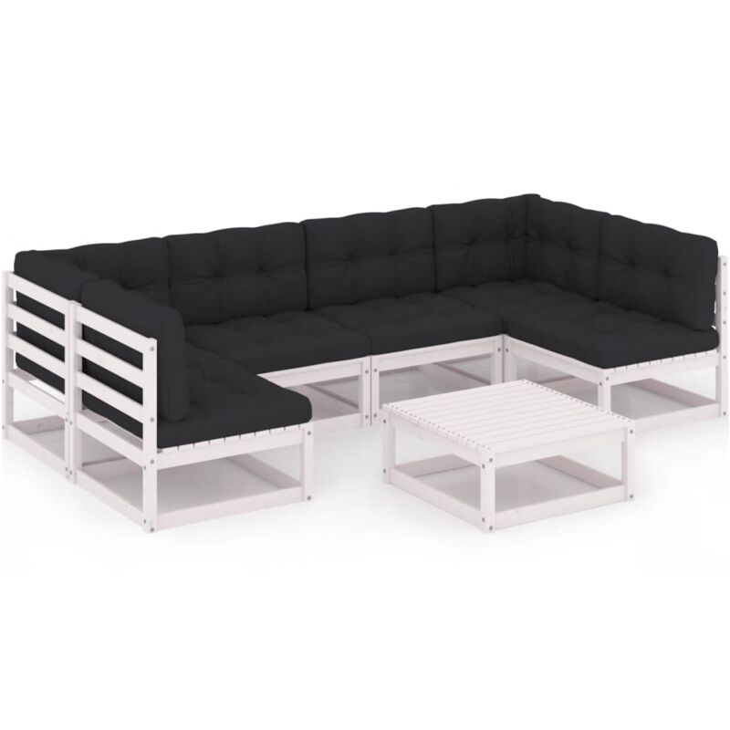 

vidaXL Muebles de jardín 7 pzas y cojines blanco madera maciza pino - Blanco