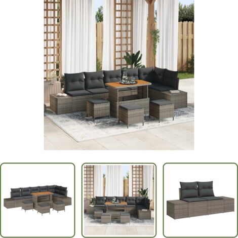 vidaXL Muebles de jardín -  Conjunto de sofás de jardín con cojín 10 pcs Gris Poliratán