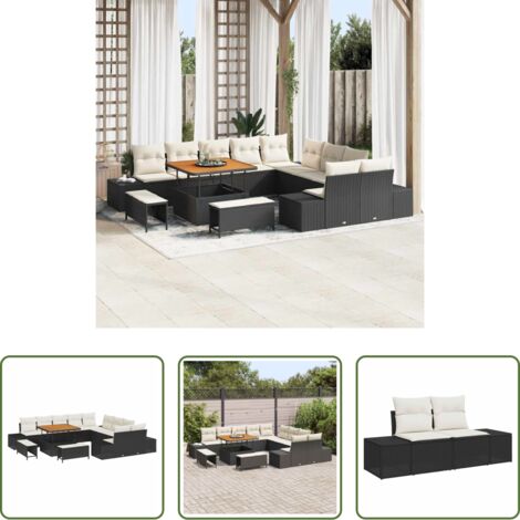 vidaXL Muebles de jardín -  Conjunto de sofás de jardín con cojín 13 pcs Negro Poliratán