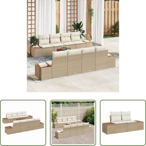 vidaXL Muebles de jardín -  Conjunto de sofás de jardín con cojín 9 pcs Beige Poliratán