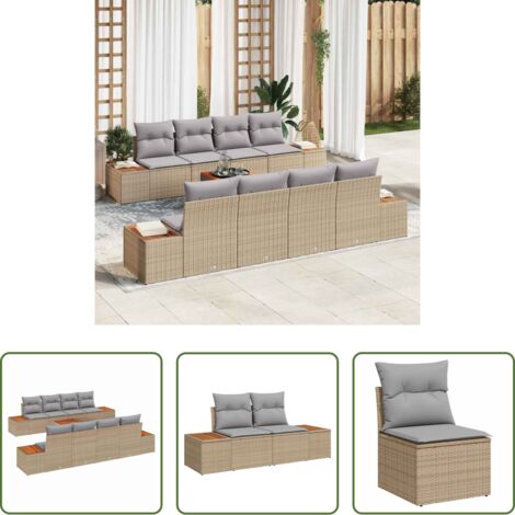 vidaXL Muebles de jardín -  Conjunto de sofás de jardín con cojín 9 pcs Beige Poliratán