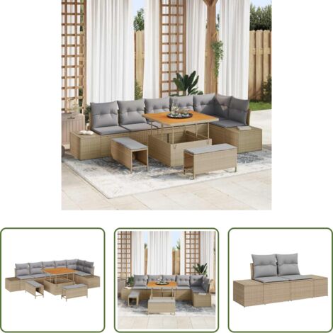 vidaXL Muebles de jardín -  Conjunto de sofás de jardín con cojín 9 pcs Beige Poliratán