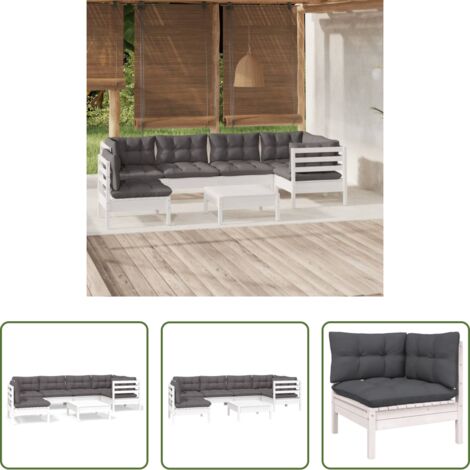 vidaXL Muebles de jardín de madera -  Muebles de jardín 7 pzas con cojines blanco madera de pino