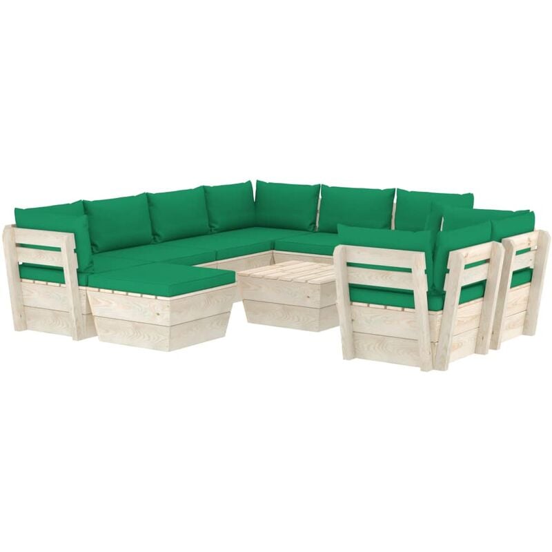 

Muebles de jardín de palets 10 pzas y cojines madera de abeto - Verde - Vidaxl