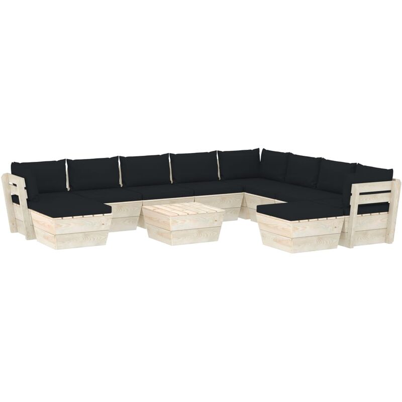 

Muebles de jardín de palets 11 pzas y cojines madera de abeto - Negro - Vidaxl