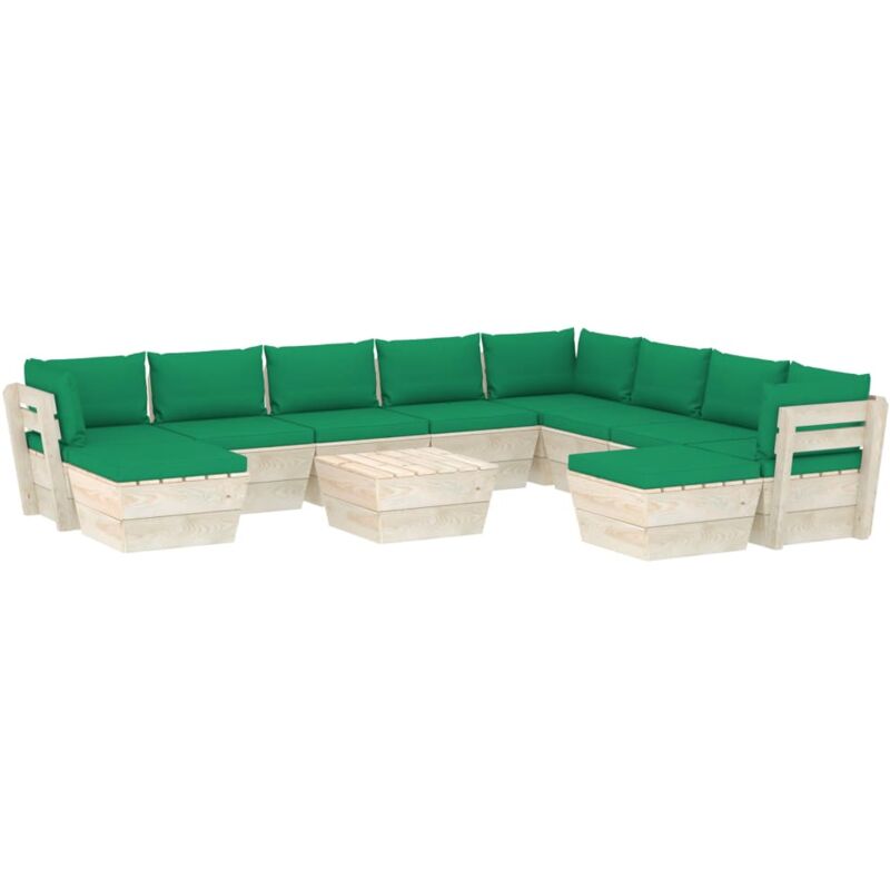 

vidaXL Muebles de jardín de palets 11 pzas y cojines madera de abeto - Verde