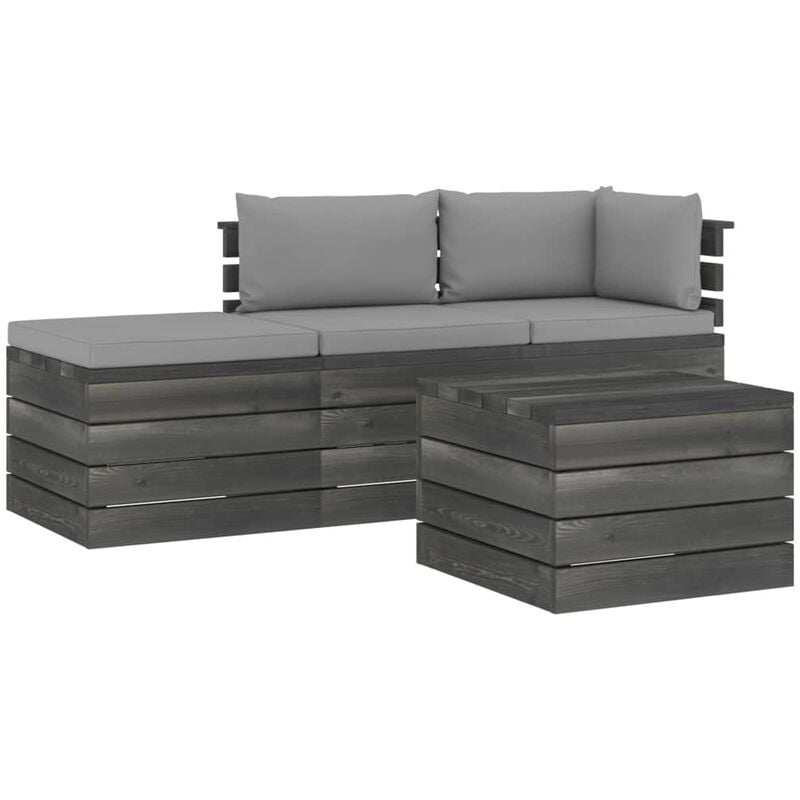 

vidaXL Muebles de jardín de palets 4 piezas cojines madera maciza pino - Gris