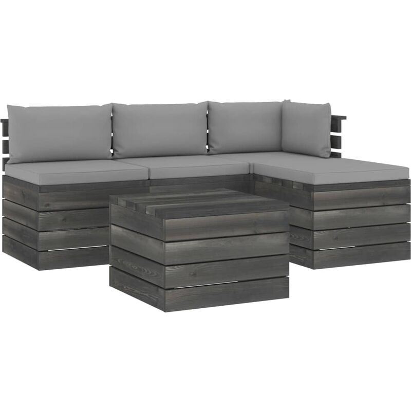 

vidaXL Muebles de jardín de palets 5 piezas cojines madera maciza pino - Gris