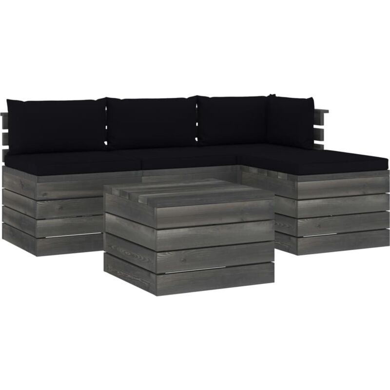 

vidaXL Muebles de jardín de palets 5 piezas cojines madera maciza pino - Negro