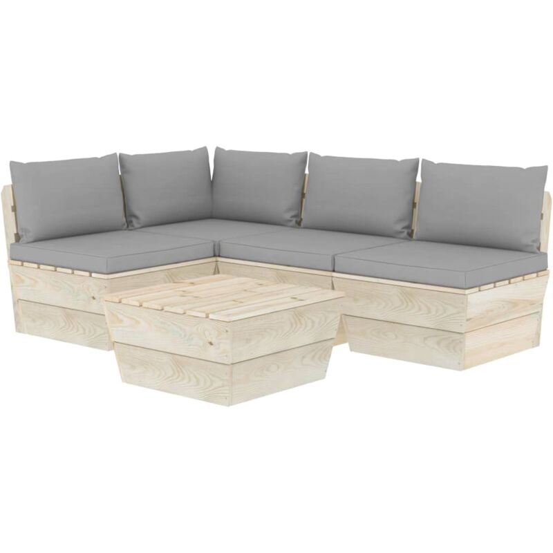 

vidaXL Muebles de jardín de palets 5 piezas y cojines madera de abeto - Gris