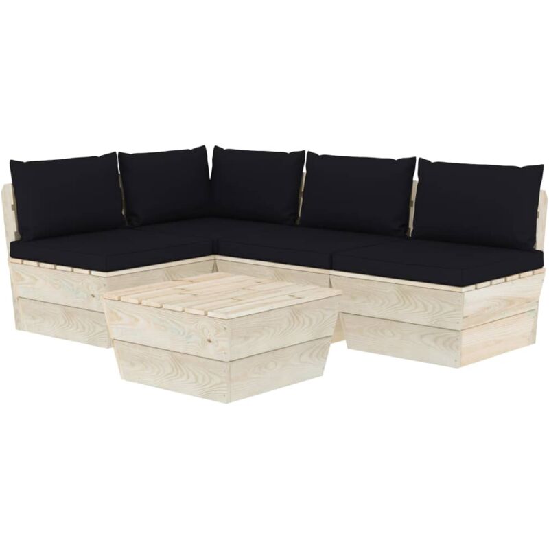 

vidaXL Muebles de jardín de palets 5 piezas y cojines madera de abeto - Negro