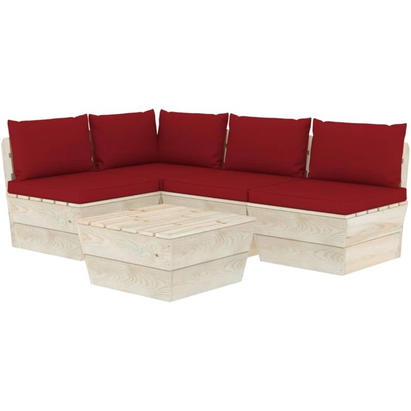 

vidaXL Muebles de jardín de palets 5 piezas y cojines madera de abeto - Rojo