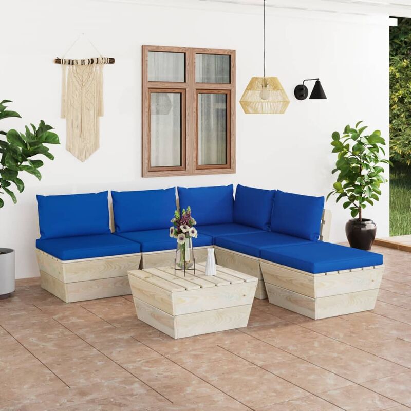 

vidaXL Muebles de jardín de palets 6 piezas y cojines madera de abeto - Azul
