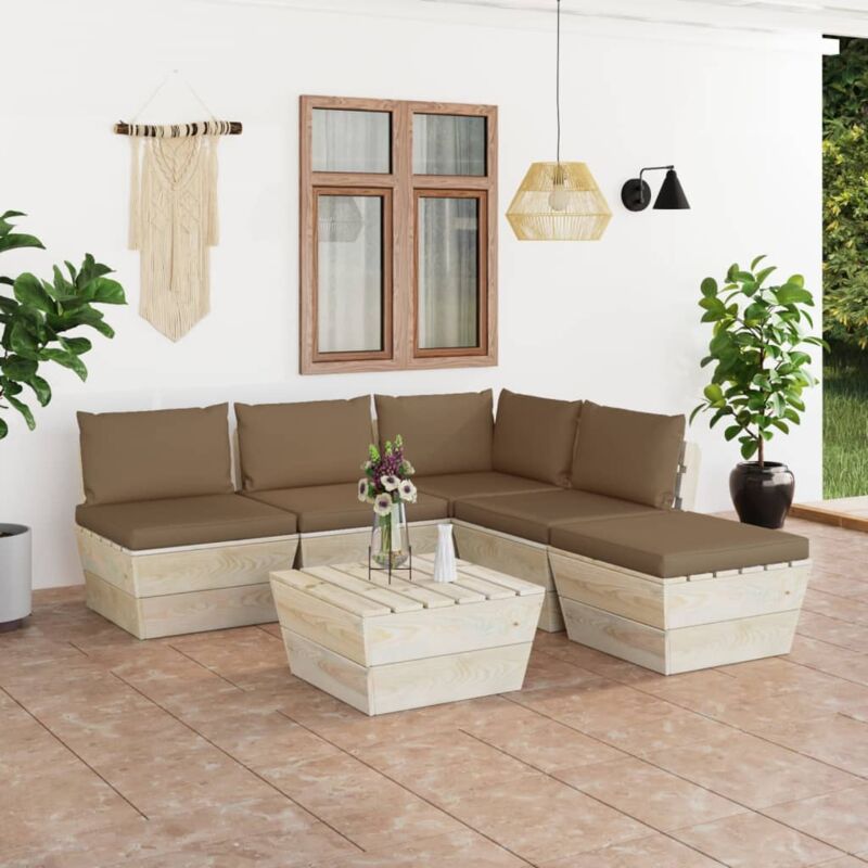 

vidaXL Muebles de jardín de palets 6 piezas y cojines madera de abeto - Gris Topo