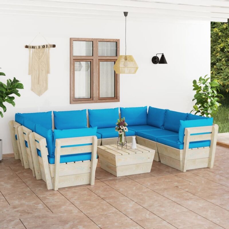 

Muebles de jardín de palets 9 piezas y cojines madera de abeto - Azul - Vidaxl