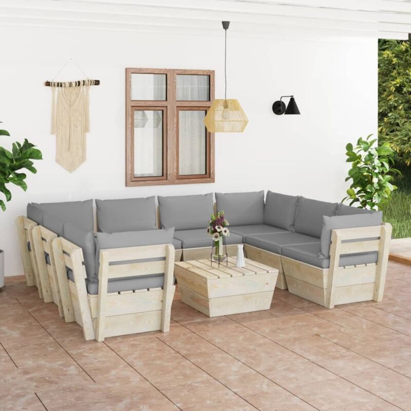 

Muebles de jardín de palets 9 piezas y cojines madera de abeto - Gris - Vidaxl