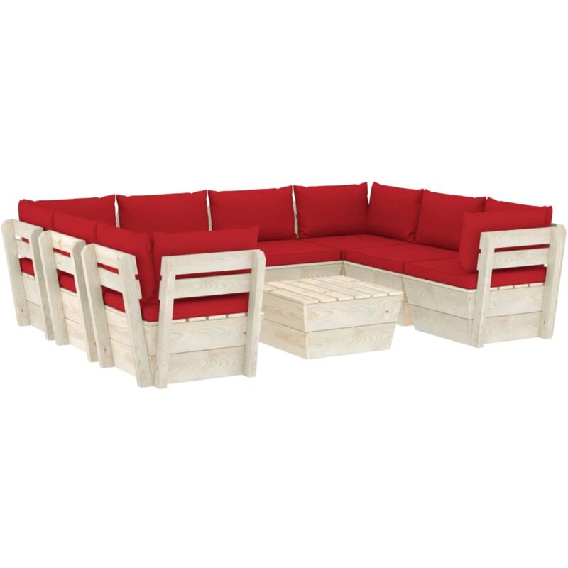 

vidaXL Muebles de jardín de palets 9 piezas y cojines madera de abeto - Rojo