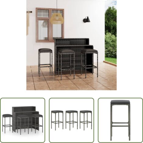 vidaXL Muebles de jardín -  Juego muebles de bar para jardín 4 piezas y cojines gris