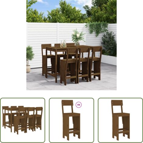 vidaXL Muebles de jardín -  Mesa y taburetes altos de jardín 7 pzas madera pino marrón miel