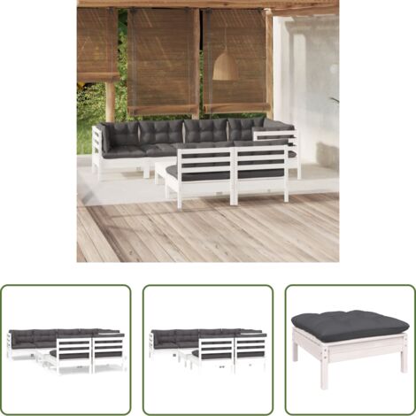 vidaXL Muebles de jardín modulares -  Muebles de jardín 8 pzas con cojines blanco madera maciza pino
