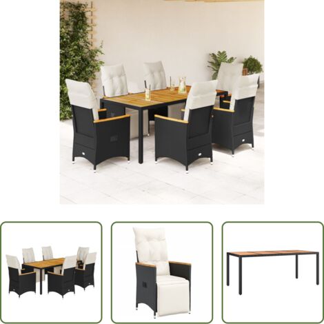 vidaXL Muebles de jardín -  Set de mesa y sillas de jardín 7 pzas y cojines ratán PE negro